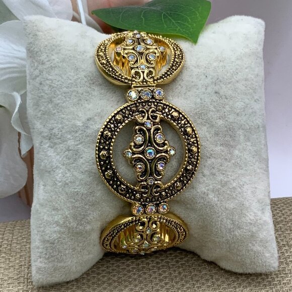 Boutique Jewelry - Antique Damascene Style Rhinestone Filigree Gold Tone Cuff Bracelet